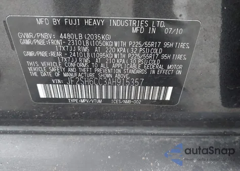 2010 Subaru Forester 2.5X Premium z USA, uszkodzony, nr VIN JF2SH6CC3AH915357